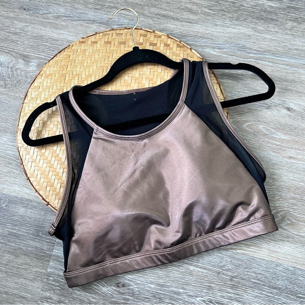 Fabletics copper and‎ black faux leather sports bra